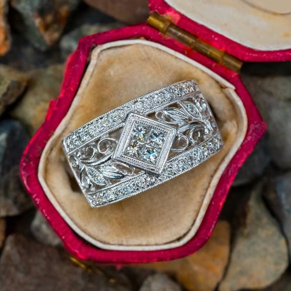 NEW 14K White Gold Diamond Ring Band Princess Cut Vintage Diamond Ring Band